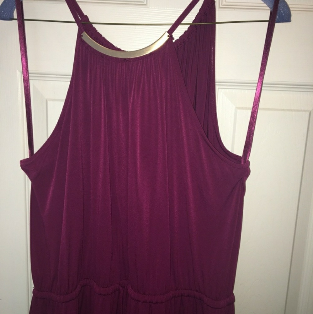 Plum color halter dress - long; gold collar
